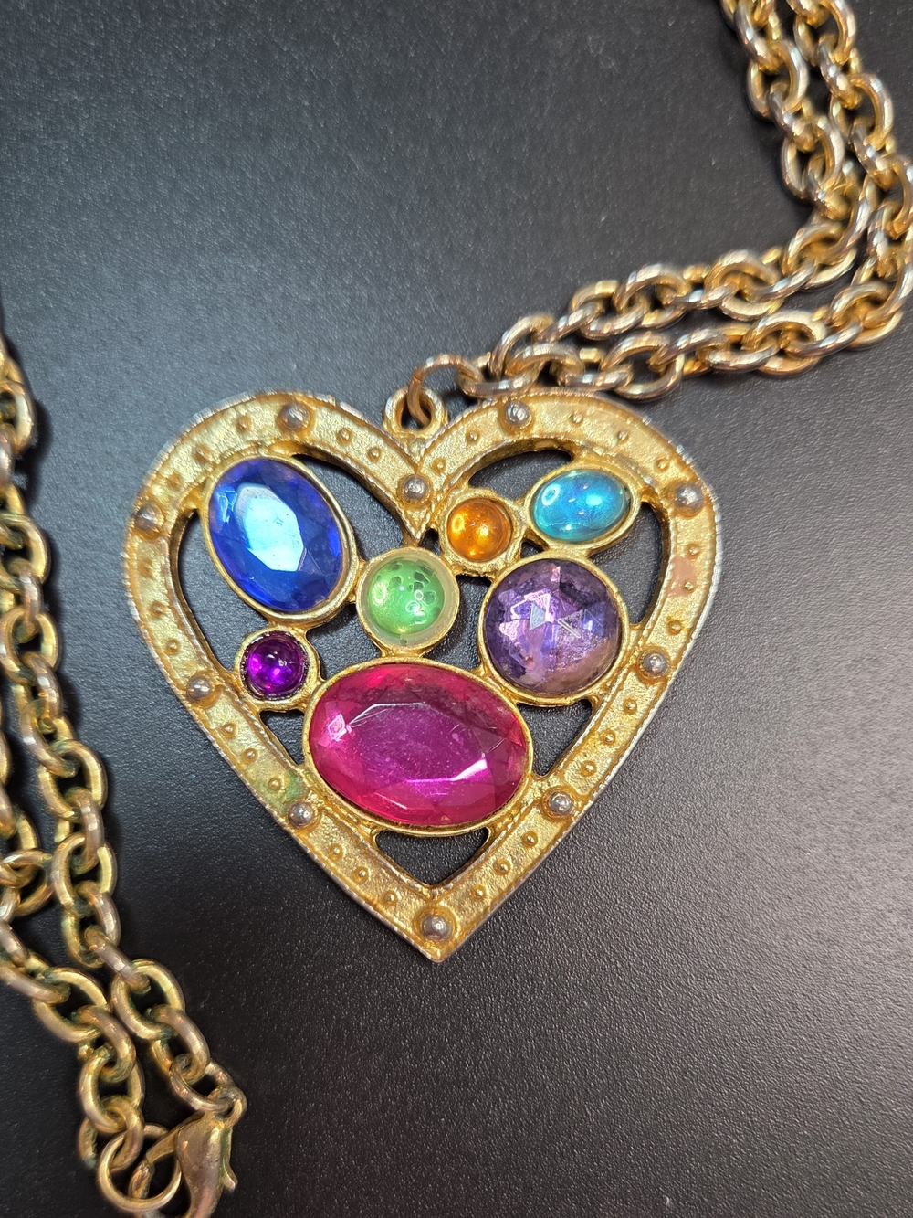 Vintage Pendant -A Large Gold-tone Heart Featuring Multi-colored Glass or Resin 